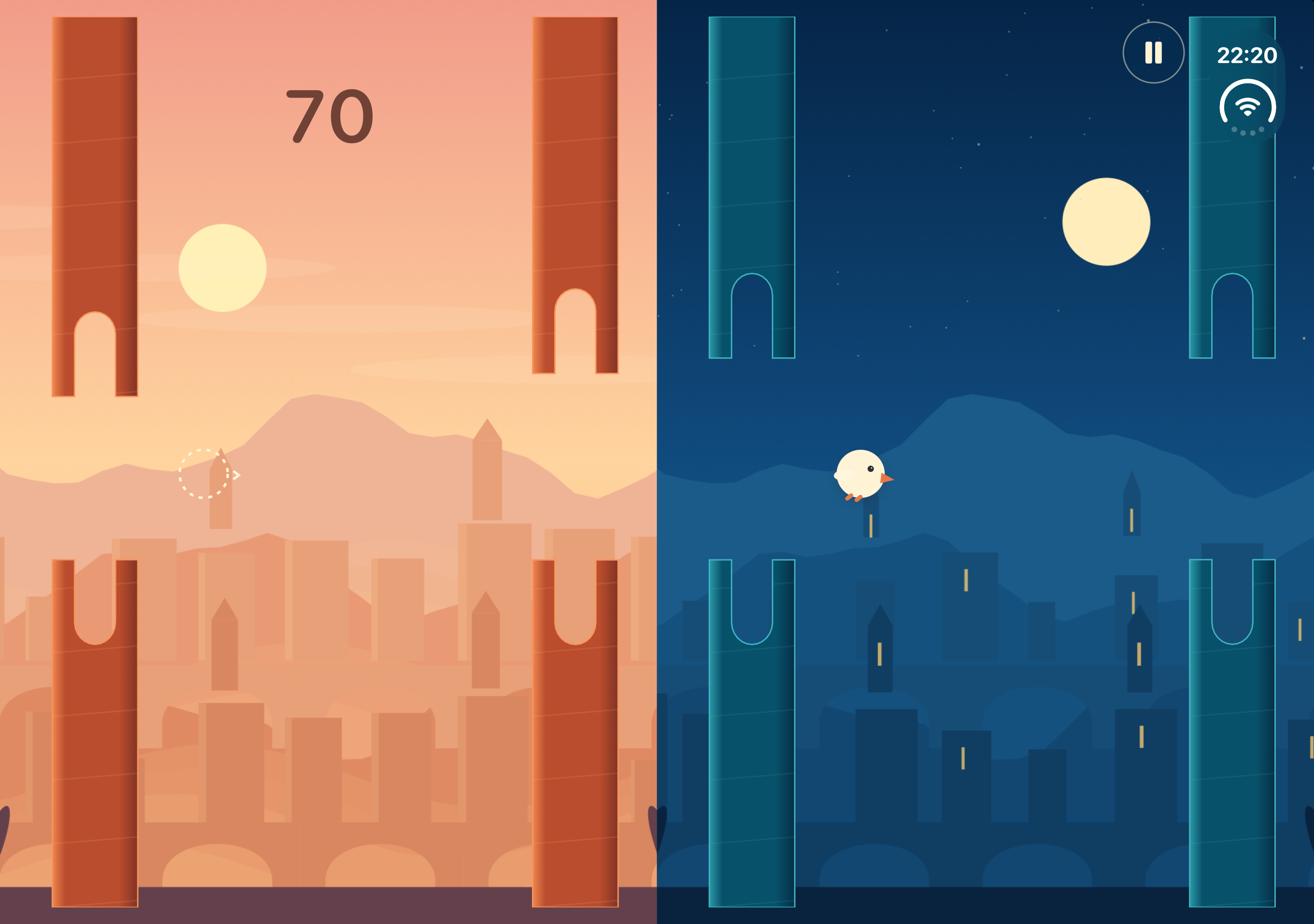 Les deux mondes de Passe-passe : un désert terracotta et une cité nocturne bleue, avec un seul oiseau actif.